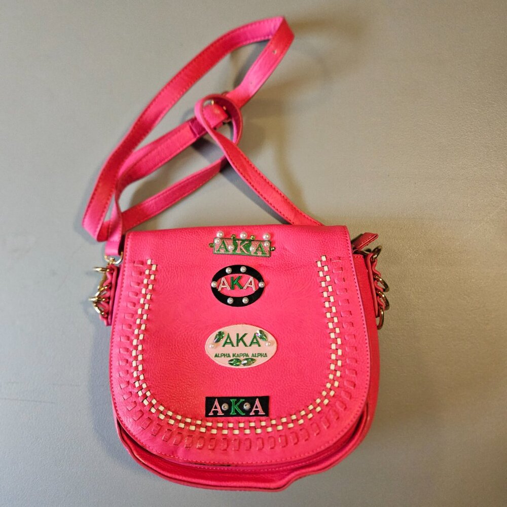 Alpha Kappa Alpha AKA Pink & Green Embroidered Crossbody Bag Pearl Detail